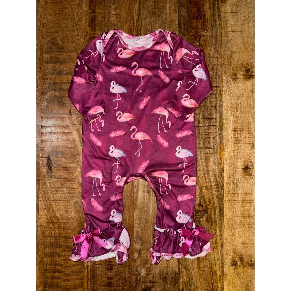 Pete + Lucy Flamingo Print Ruffle Bell Bottom Romper Burgundy 12-18M
